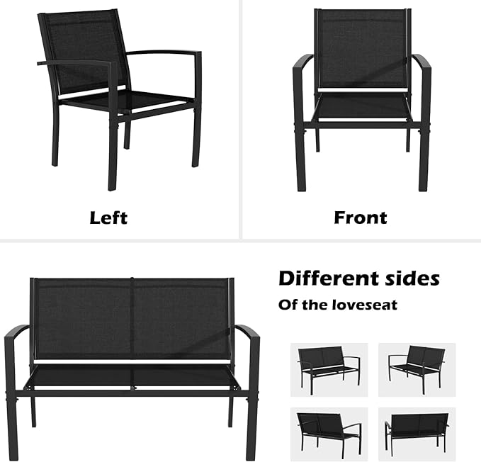 Greesum 4 Pieces Patio Furniture Set, Outdoor Conversation Sets for Patio, Lawn, Garden, Poolside with A Glass Coffee Table, Black