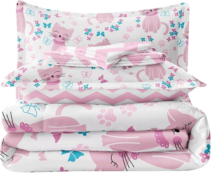 Kids Cat Bedding Twin Size Bed in a Bag, Cute Pink Animal Comforter Set for Teen Girls Bedroom Decor, Kawaii Floral Butterfly Bedding Sets & Collections