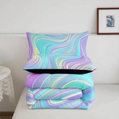 Pastel Rainbow Comforter Set with Pillowcases Abstract Wave Stripes 3D Printed Designs 3 Piece Bedroom Duvet Set Psychedelic Girl Bed Down Comforter for Kids Women Dorm Room (Queen,Coulourful Marble)