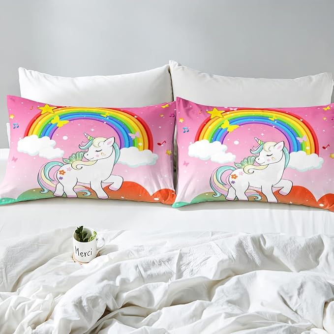 Kids Kawaii Unicorn Queen Comforter Set Girls Unicorn Bedding Stars Rainbow Gradient Quilted Duvet Cartoon Musical Notes Duvet Set Children Unicorn Animals Reversible Down Comforter,Multicolor 3Pcs