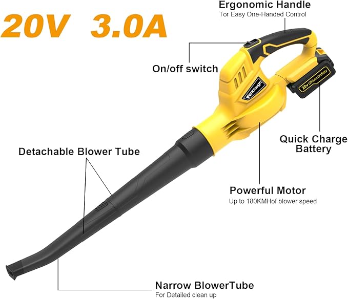 20V Cordless Leaf Blower with Battery Fast Charger Leaf Blower Sweeper (yellow 3.0A)