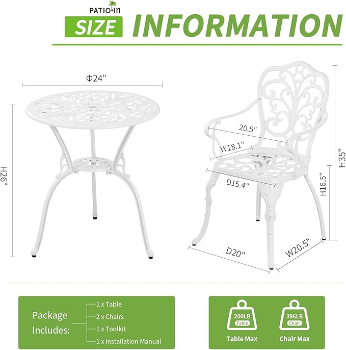 Bistro Table and Chairs Set of 2, Patio Furniture Bistro Set, Cast Aluminum Bistro Set 3 Piece Outdoor with Umbrella Hole for Balcony