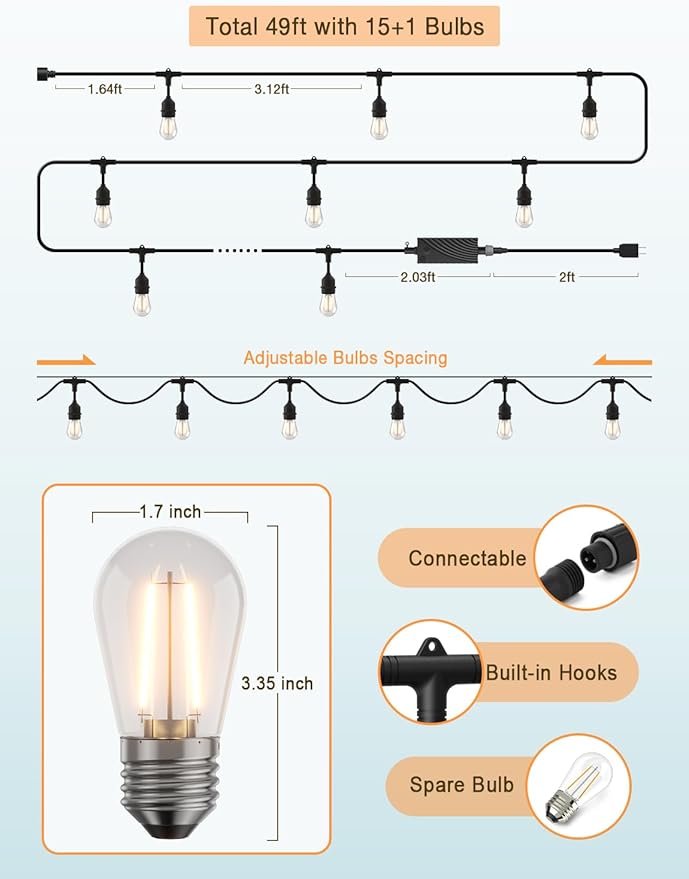 XMCOSY+ Outdoor String Lights, Smart Patio Lights 49Ft, APP WiFi Control, Work with Alexa, Waterproof Dimmable Edison Outdoor Lights for Patio Outside