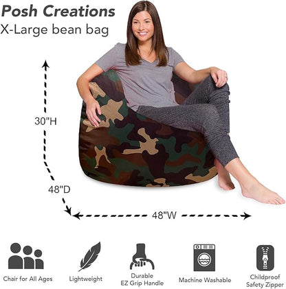 Posh Creations Bean Bag Chair for Kids, Teens, and Adults Includes Removable and Machine Washable Cover, Soft Nylon - Camo Green, 48in - X-Large
