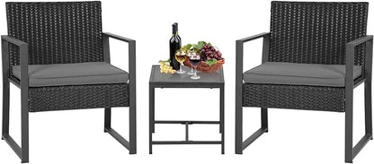 FDW 3 Piece Patio Furniture Sets Wicker Patio Chairs Rattan Outdoor Bistro Set Outdoor Furniture for Backyard Porch Poolside Lawn,Grey Cushion
