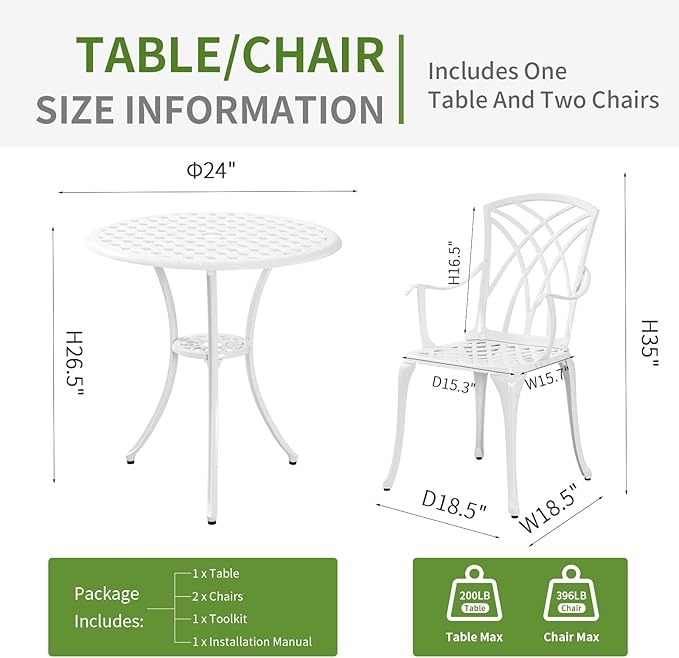 White Bistro Table and Chairs Set of 2, Cast Aluminum White Bistro Set Outdoor, Patio Bistro Sets with Umbrella Hole, Round Back Yard Set for Porch Balcony Garden
