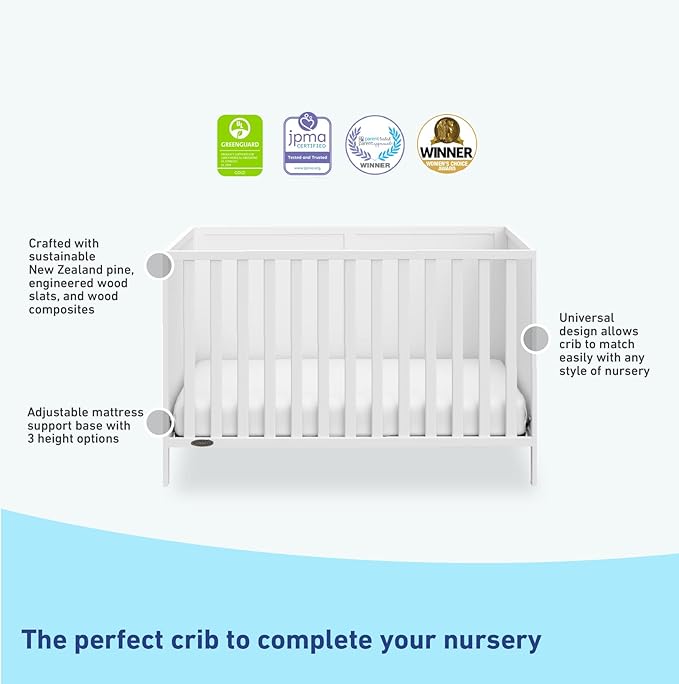 Graco Theo 3-in-1 Convertible Crib (White) - GREENGUARD Gold Certified, Converts to Toddler Bed & Daybed, Fits Standard Full-Size Crib Mattress, 4 Adjustable Mattress Heights