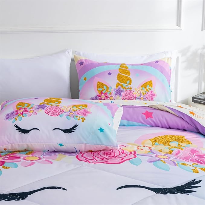 NTBED Unicorn Full Comforter Set with Sheets,5 Pieces Kids Bedding Sets for Girls, Lightweight Microfiber Star Rainbow Bed in a Bag,Blue Purple