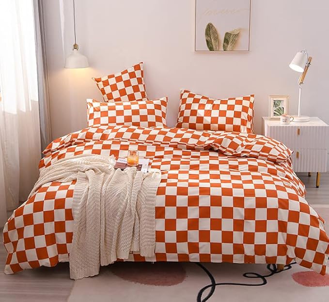 Orange White Grid Comforter Set Full Burnt Orange Plaid Bedding Set Girls Reddish and White Checkered Bed Comforter Set Breathable Blanket Set Kids Durable Bedding Comforter Set