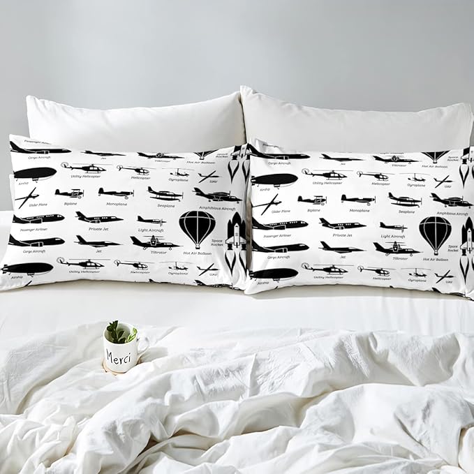 Erosebridal Airplane Comforter Set Queen,Black White Airplanes Bedding Set Space Rocket Aircraft Down Comforter for Boys Kids Teens Room Decor,Helicopter Biplane Quilt Duvet Sets with 2 Pillow Cases