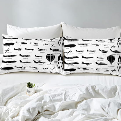 Erosebridal Airplane Comforter Set Twin,Black White Airplanes Bedding Set Space Rocket Aircraft Down Comforter for Boys Kids Teens Room Decor,Helicopter Biplane Quilt Duvet Sets with 1 Pillow Case