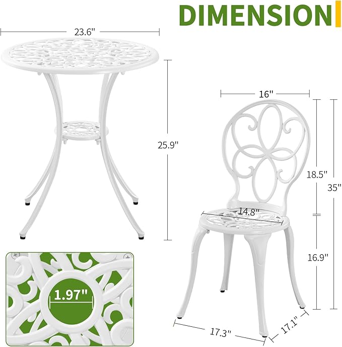Patio Bistro Sets, Cast Aluminum Bistro Table and Chairs Set of 2 with Umbrella Hole, Bistro Set 3 Piece Outdoor, Metal Patio Furniture Set for Garden Porch, White
