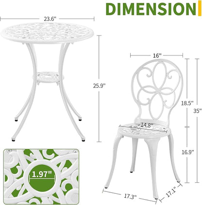 3 Piece Cast Aluminum White Bistro Set Outdoor Bistro Table and Chairs Set of 2,Metal Bistro Patio Table Set with Umbrella Hole,Patio furniture Set for Garden,Front Porch.