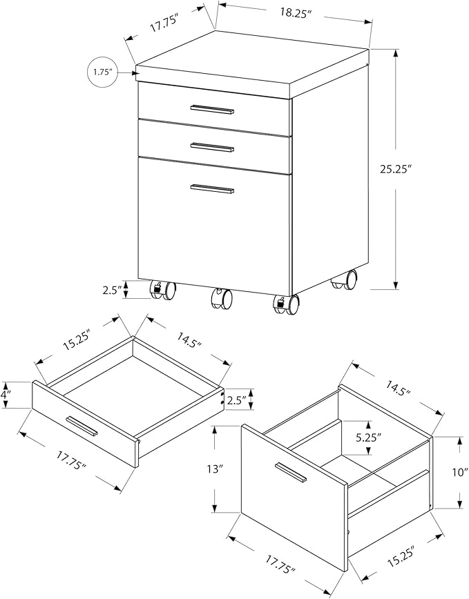 Monarch Specialties 7400, Rolling Mobile, Storage, Printer Stand, Office, Work, Laminate, Brown, Contemporary, Modern Filing Cabinet-3 Drawer Reclaimed Wood/Castors, 18.25" L x 17.75" W x 25.25" H