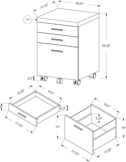 Monarch Specialties 7400, Rolling Mobile, Storage, Printer Stand, Office, Work, Laminate, Brown, Contemporary, Modern Filing Cabinet-3 Drawer Reclaimed Wood/Castors, 18.25" L x 17.75" W x 25.25" H