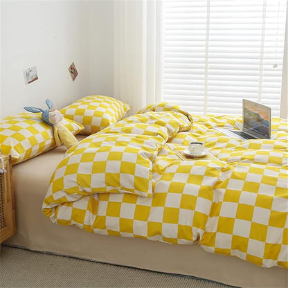 Wellboo Yellow and White Comforter Sets Twin Women Men Bright Yellow Checkerboard Grid Bedding Comforters Cotton Boys Girls Modern Light Yellow Checkered Geometric Quilts Luxury Elegant Yellow Bed