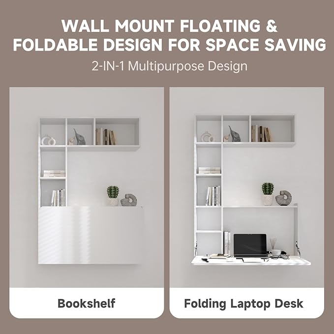 DMAITH Wall Mounted Desk, White Folding Desk for Small Spaces, Hidden Pull Down Floating Writing Desk with Storage Shelf for Home Office