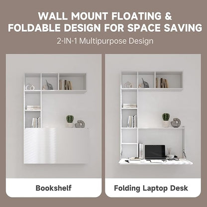DMAITH Wall Mounted Desk, White Folding Desk for Small Spaces, Hidden Pull Down Floating Writing Desk with Storage Shelf for Home Office