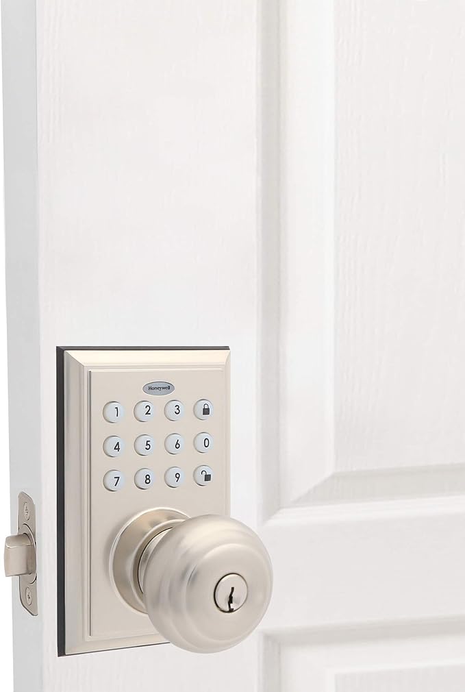Honeywell Safes & Door Locks BLE Electronic Entry Knob with Keypad, Square Faceplate, Satin Nickel
