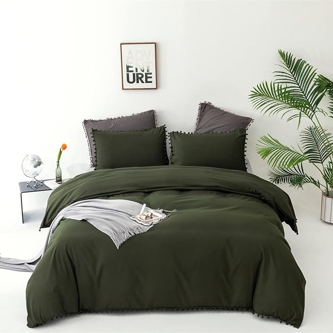 Army Green Comforter Full Dark Green Pom Green Comforter 3 PCs Soft Olive Green Boho Ball Pom Fringe Full Comforter Bedding Set Women Solid Dark Green Full Bed Comforter All Season