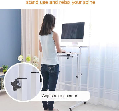 DlandHome Mobile Standing Desk Stand Up Desk Rolling Desk, Stand Sit Desk Mobile Computer Desk Adjustable Standing Desk 23.6inches Table Workstation Mobile Desk Cart Tray White