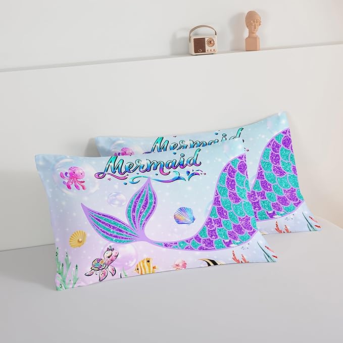 HOSIMA Mermaid Tail Comforter Set for Kids Girls Teens Bedroom Decor,Cartoon Scallop Sea Turtle Sea Horses Octopus Kawaii Bedding Set Ocean Comforter,Mermaid Fish Scale Twin Comforter Set.