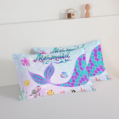 HOSIMA Mermaid Tail Comforter Set for Kids Girls Teens Bedroom Decor,Cartoon Scallop Sea Turtle Sea Horses Octopus Kawaii Bedding Set Ocean Comforter,Mermaid Fish Scale Twin Comforter Set.