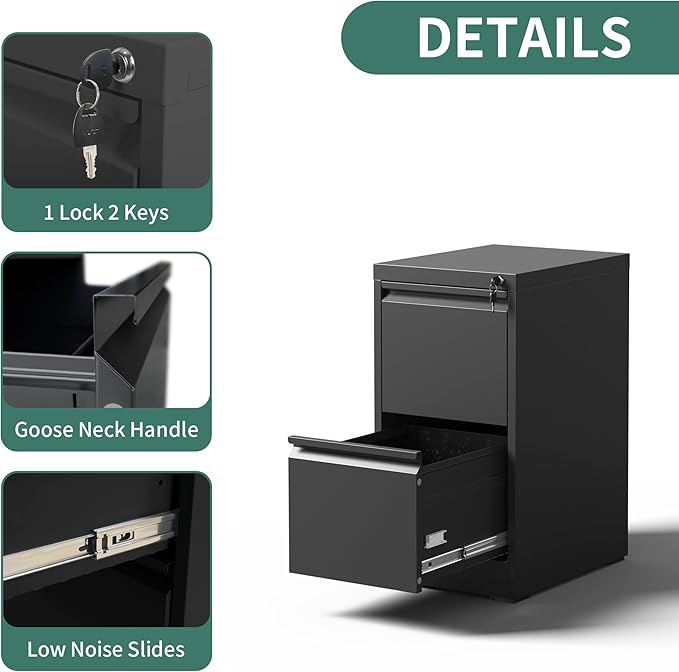 2 Drawer File Cabinet with Lock, Metal Vertical Filing Cabinets for Home Office, Steel Storage Cabinet for Hanging Legal/Letter Size Files, Assembly Required (Black)