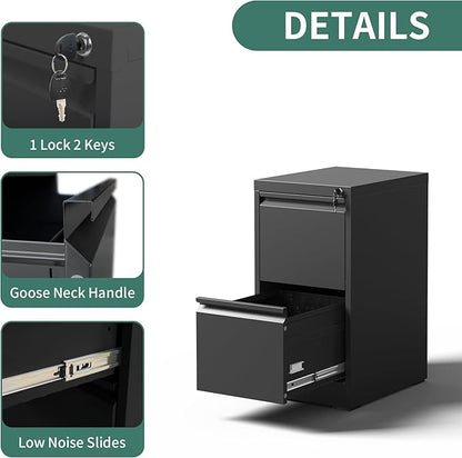 2 Drawer File Cabinet with Lock, Metal Vertical Filing Cabinets for Home Office, Steel Storage Cabinet for Hanging Legal/Letter Size Files, Assembly Required (Black)