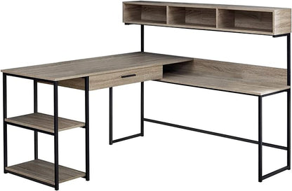 Monarch Specialties Workstation for Home & Office with Multiple Shelves and Drawer L-Shaped Corner Desk with Hutch, 60" L, Dark Taupe/Black Frame