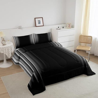 Geometric Abstract Ombre Bedding Set Men Adults Teens Grey Gray and Black Striped Comforter Set Kids Boys Girls Simple Modern Quilt Setwith 2 Pillowcases 3Pcs Bedding Full