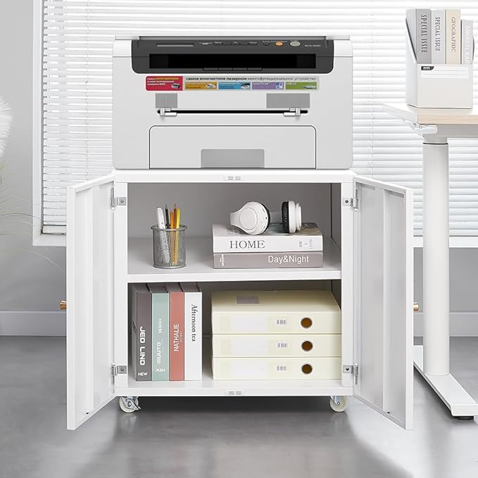 23.62" Metal Office Copier 2 Door and 360 ° Universal Wheel,Mobile Lateral Filing Cabinets w/Aluminum Alloy Handle,Rolling Printer Stand for Legal/Letter/A4,White