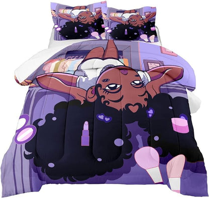 Black Girl Comforter Sets for Girls Full Size Bed, Pretty African American Girl Full Bed Sets Purple Full Bedding Comforter Set Microfiber Soft 3 Piece Quilt Set, 1 Comforter + 2 Pillowcases