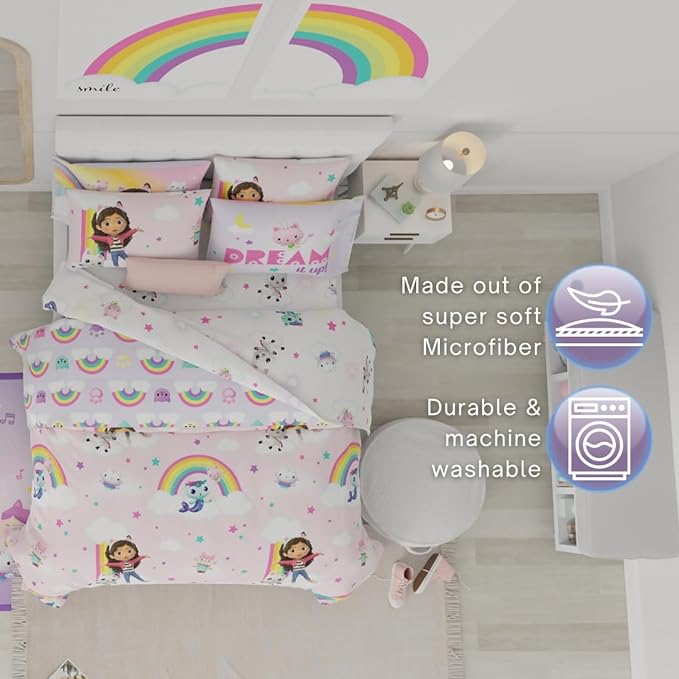 Franco Gabby's Dollhouse Kids Bedding Super Soft Comforter and Sheet Set with Sham, 7 Queen Size, (Official Licensed Product)
