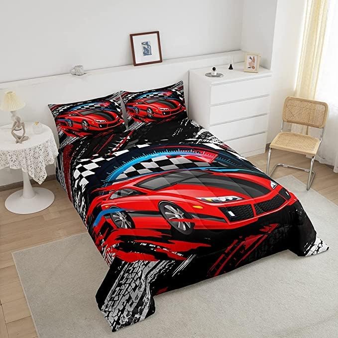Car Bedding Set for Boys King Size Racing Sports Car Comforter Kids Extreme Sports Comforter Set Girls Teens Cool Speed Automobile Decor Bed Duvet Set Soft Lightweight Boys