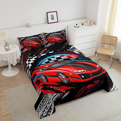 Car Bedding Set for Boys King Size Racing Sports Car Comforter Kids Extreme Sports Comforter Set Girls Teens Cool Speed Automobile Decor Bed Duvet Set Soft Lightweight Boys
