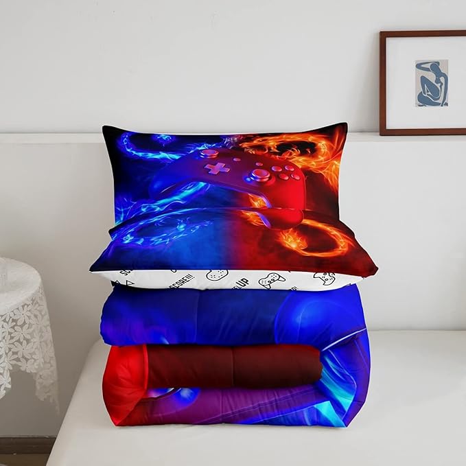 Ice Fire Dragon Comforter Set for Boys Teens Kids Gamer Games Room Decor Bedding Set Blue Red Gaming Gamepad Down Comforter ,Fairy Tale Animals Theme Room Decor 3Pcs Duvet Insert Queen Size,Soft