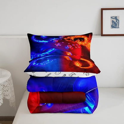 Ice Fire Dragon Comforter Set for Boys Teens Kids Gamer Games Room Decor Bedding Set Blue Red Gaming Gamepad Down Comforter ,Fairy Tale Animals Theme Room Decor 2Pcs Duvet Insert King Size,Soft