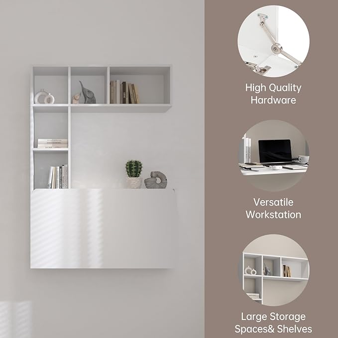 DMAITH Wall Mounted Desk, White Folding Desk for Small Spaces, Hidden Pull Down Floating Writing Desk with Storage Shelf for Home Office