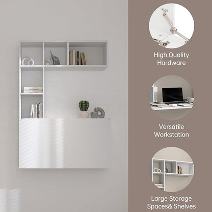 DMAITH Wall Mounted Desk, White Folding Desk for Small Spaces, Hidden Pull Down Floating Writing Desk with Storage Shelf for Home Office