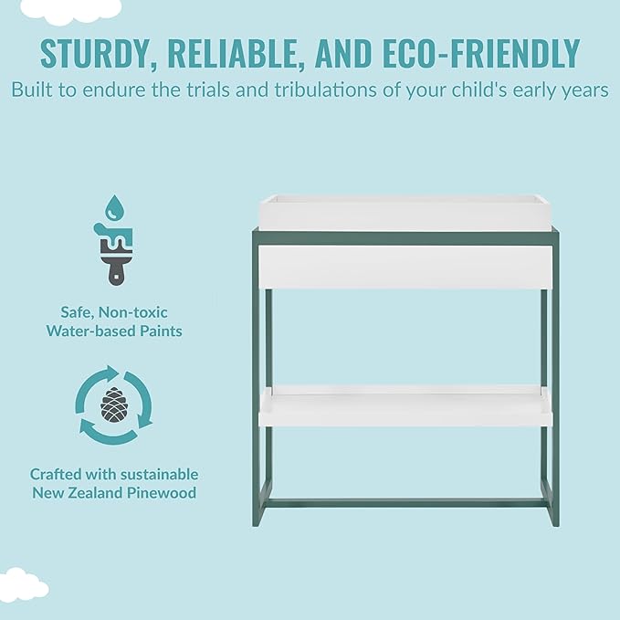 Arlo Changing Table in Jungle Green, Made of Solid New Zealand Pinewood, Non-Toxic Finish, Comes with Water Resistant Mattress Pad & Safety Strap