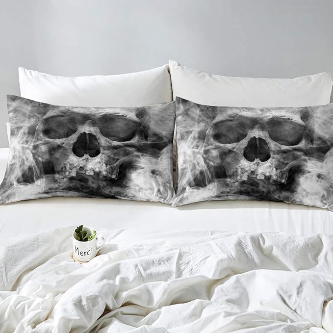Erosebridal Skull Comforter Set King, Halloween Down Comforter, Gothic Fog Smoke Skull Skeleton Quilted Duvet, Grey Bedding Comforters for Young Man Boy Teens, Room Decorative, Soft Duvet Insert