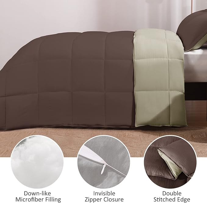 Basic Beyond Queen Comforter Set - Fluffy Comforter Queen Set for All Seasons - Reversible Comforter Set Queen Size for Mens - 3 Pieces (1 Comforter + 2 Pillow Shams) - Brown/Ivory