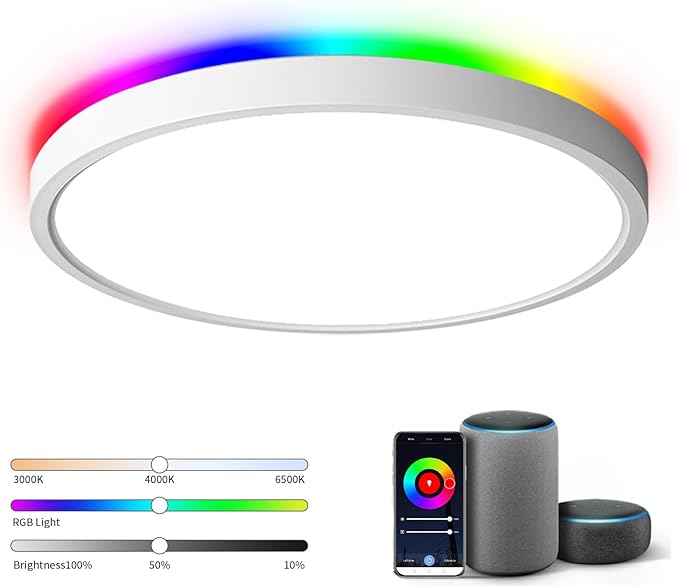 TALOYA 18 Inch Flush Mount Light Fixture Led,Compatible with Alexa Google Assistant Smart Life App,Sleek Round Ceiling Fixture,36+4W Main Light and RGB Night Light Adjustable,Enabled by 2.4G Wi-Fi