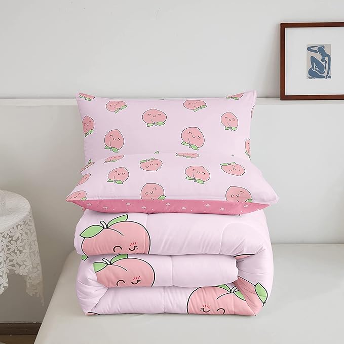 Cartoon Comforter Set King Size Pink Peach Bedding Set Kid Kawaii Down Comforter Girl Lovely Peach Duvet Set Cute Fruits Comforter Tropical Plant Bedding Reversible Soft Lightweight Room Decor