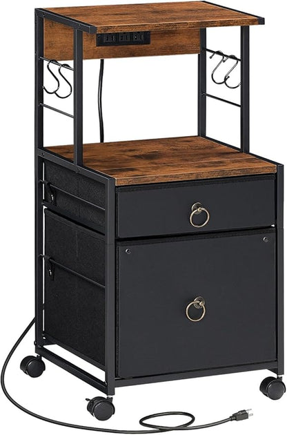 HOOBRO 2-Drawer File Cabinet, Filing Cabinet with Charging Station, Vertical Office Cabinet with Open Storage Shelf, Printer Stand, A4/Letter Size, Nonwovens Drawer, Rustic Brown and Black BFK23UWJ01