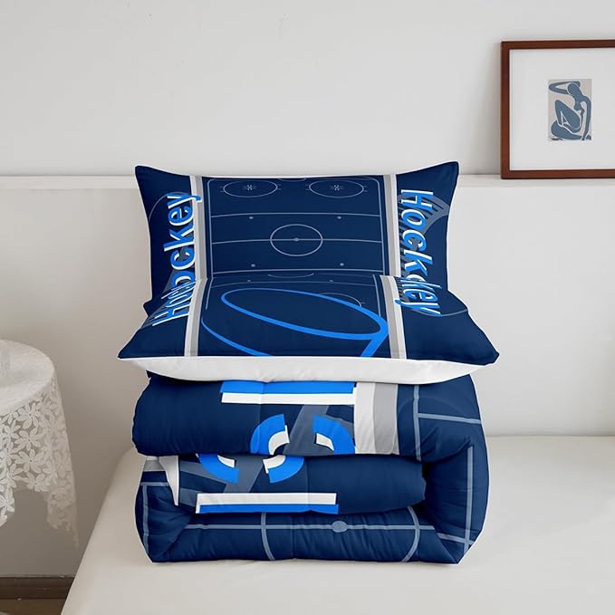 Feelyou Kids Hockey Player Comforter Set Twin Size Ice Hockey Bedding Set for Boys Girls Teens Bedroom Decor Ice Sports Games Comforter Puck Hockey Duvet Set with 1 Pillow Case