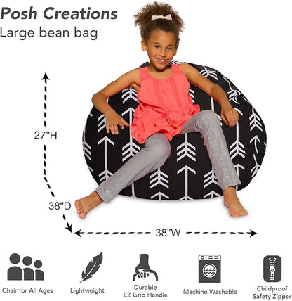 Posh Creations Bean Bag Chair for Kids, Teens, and Adults Includes Removable and Machine Washable Cover, Canvas White Arrows on Gray, 38in - Large