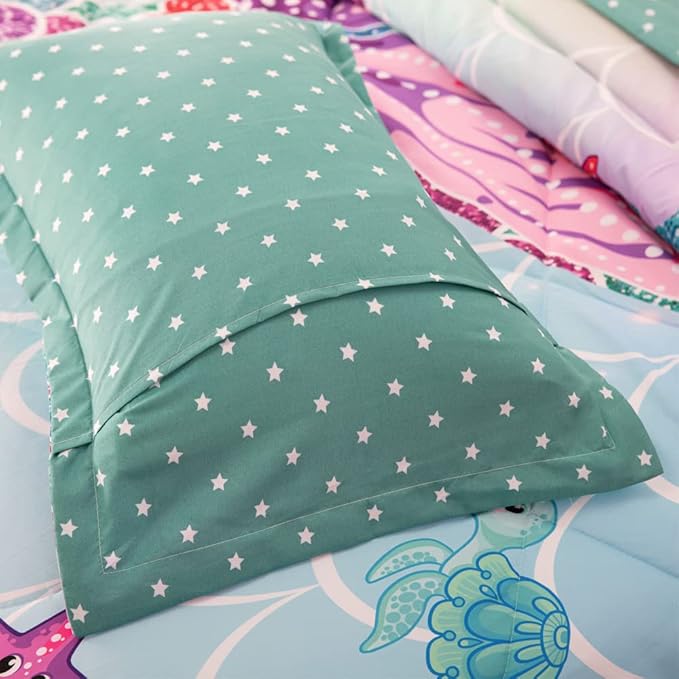 ADASMILE A & S 6 Pieces Mermaid Comforter Twin for Girls Kids Mermaid Bedding Fish Scale with Starfish Turtle Printed Bed in a Bag Comforter and Sheet Set Rainbow Mermaid Scale Bedding Home Decor