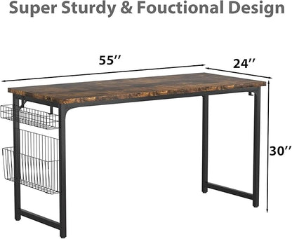 yoyomax Computer Desk, 55 Inch Home Office Desk, Wood Simple Style Student Writing Desk, Study PC Table with Storage Basket and Headphone Hooks, Rustic Brown